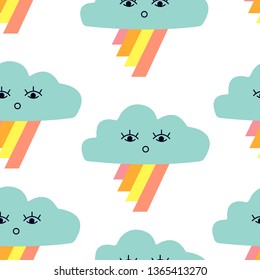 Seamless pattern with graphic cartoon clouds and rainbow. Childish poster with cute character.