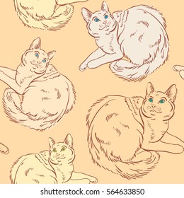 Seamless pattern with graphic cats on the orange background. Vector line sketch. Animal wallpaper.