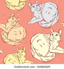 Seamless pattern with graphic cats on the pink background. Vector line sketch. Animal wallpaper.