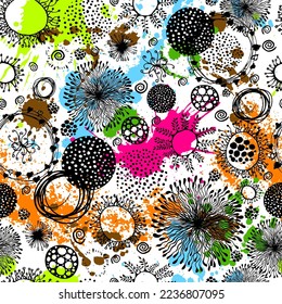 Seamless pattern graphic circles with colorful splashes. Vector illustration