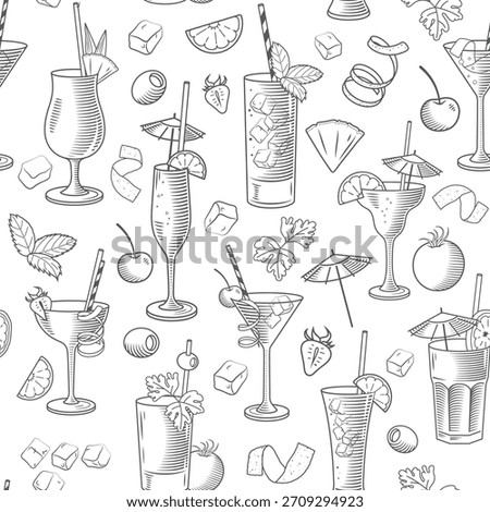 Seamless pattern with graphic cocktails. Full Vector Design