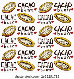 inconsútil patrón gráfico de granos de cacao, chocolate. bosquejo de patrón de granos de cacao con texto y Formas de corazón. 