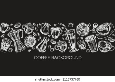 Seamless pattern with graphic  coffee icons ( latte,  cappuccino, glace, raf, espresso, americano, moccasino) and coffee beans.