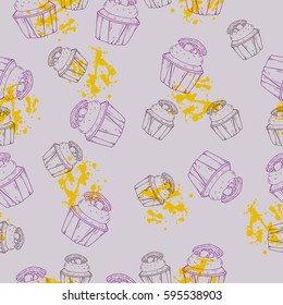 Seamless pattern with graphic cupcakes and yellow backdrops on pastel lilac background. Hand drawn vector illustration.