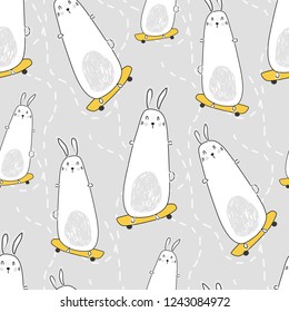 Seamless pattern of graphic cute vector illustration of drawing funny rabbit on skate on grey background. Fabric, textile, paper, wallpaper, wrapping or greeting card. Doodle element of bunny