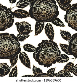 Seamless pattern with graphic dark and golden roses.