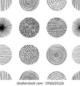 Seamless pattern of graphic doodle black and white circles. Hand Drawn Scribble Circle shapes. Trendy hand drawn textures. Modern abstract design for paper, cover, fabric, interior decor