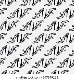 Seamless pattern with graphic doodle shoes, black and white sketch background, vector illustration.