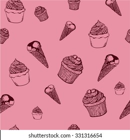 Seamless pattern with graphic elements, cupcakes and ice cream wafer cones on pastel background. Hand drawn vector illustration.