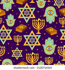 Seamless pattern with graphic elements Menorah, Star of David, Hamsa and Torah on a dark starry background