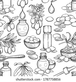 Seamless pattern of graphic essential oils decorated with goji berries, flowers and leaves. Vector repeated botanical design