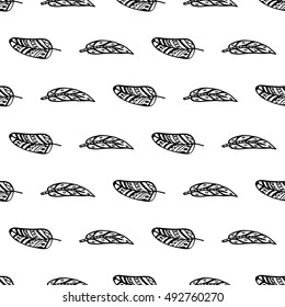 Seamless pattern with graphic feathers. For packaging paper, scrap booking, fabrics, holiday invites, birthday cards, party decorations, clothes, textile, stationary. Black outlines on white.