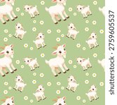 Seamless pattern graphic featuring cute cartoon baby goats and white daisy flowers on a soft green background.