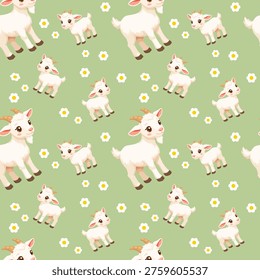 Seamless pattern graphic featuring cute cartoon baby goats and white daisy flowers on a soft green background.