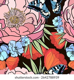 Seamless pattern graphic flowers and butterflies . hand drawing. Not AI, Vector illustration.
