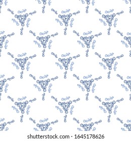 Seamless pattern. Graphic flowers laid out in a geometric ornament. Background design for paper, textile, fabric, ceramics, tiles. In trendy colors of 2020. Classic blue on a white background. Vector 