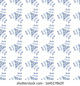 Seamless pattern. Graphic flowers laid out in a geometric ornament. Background design for paper, textile, fabric, ceramics, tiles. In trendy colors of 2020. Classic blue on a white background. Vector 