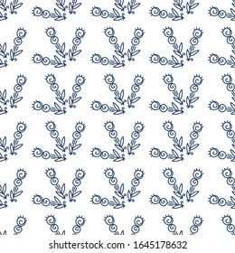  Patrón sin problemas. Flores gráficas dispuestas en un adorno geométrico. Diseño de fondo para papel, textil, tela, cerámica, azulejos. En colores de moda de 2020. Azul clásico sobre fondo blanco. Vector 
