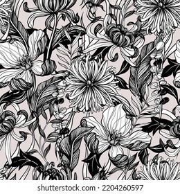 Nahtloses Muster mit grafischen Blumen und Blättern. Vektorgrafik