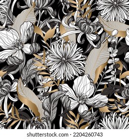 Seamless pattern with graphic flowers, leaves and gold elements. Vector.