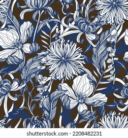 Seamless pattern with graphic flowers and leaves. Vector