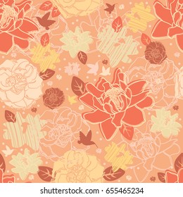 Seamless pattern with graphic flowers and silhouette of hummingbirds. Vector wallpaper.