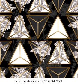 Seamless pattern with graphic flowers and triangles. Vector.