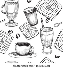 Seamless pattern. Graphic hand drawn coffee cups and spiral shapes. Vector background on coffee theme. Sketch style.