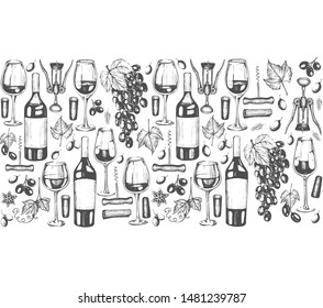 Seamless pattern with graphic illustrations of  wine