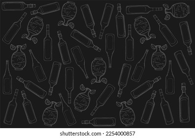 Patrón sin foco con ilustraciones gráficas del vino sobre el fondo negro