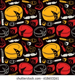 Seamless pattern with graphic image of cheese and kitchen accessories. Design elements in flat and thin line style. Color print on black background