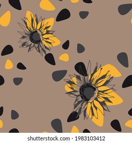 Nahtlose Muster-Grafik mit Sonnenblumen in modernem Dekor mit Beige-Gelb- und Brauntönen