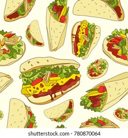 Seamless pattern with graphic image of traditional mexican food. Illustration in flat  style. Color print on white background