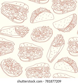 Seamless pattern with graphic image of  traditional mexican food. Illustration in thin line style. Print on white background