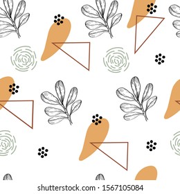 Seamless pattern with graphic leaves and with abstraction. Beige spots and triangle on the background. Great for textiles, packaging, wallpaper.
