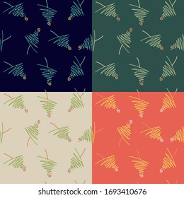 Seamless pattern of graphic linear Christmas trees. Four different backgrounds. Vector illustration. Suitable for textiles, wallpaper, packaging.