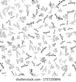 
Seamless pattern, graphic lines of spices and seasonings for the kitchen.