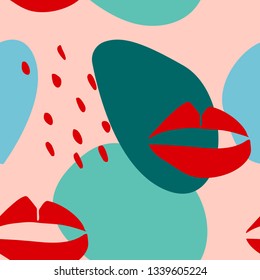 Seamless pattern with graphic lips and abstract shapes. Modern trendy minimalism style.
