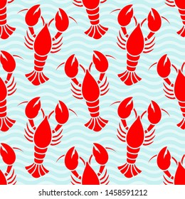 Seamless Pattern Graphic Lobster Diagonal Water Red White Blue