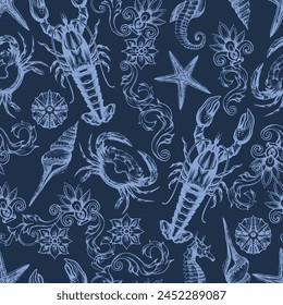 Seamless pattern with graphic lobster and shells. Vector