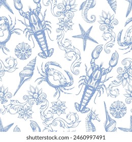 Seamless pattern with graphic lobster and shells. Vector