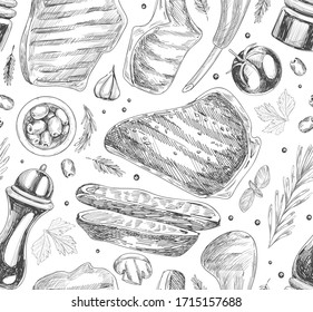 Seamless pattern with graphic meat illustrations