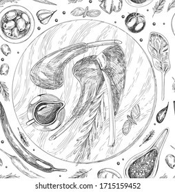 Patrón transparente con ilustraciones gráficas de carne