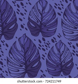 Seamless pattern with graphic monstera leaves, blue color, vector illustration in hand drawn style