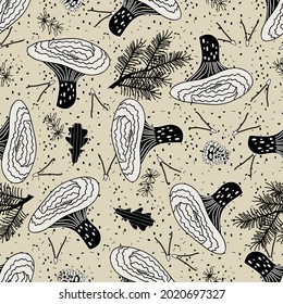 patrón transparente con hongos naturales gráficos, ramas de abeto, agujas y hojas de pino, diseño vectorial para papel, tela y otras superficies