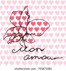 Seamless pattern with a graphic orchid and an inscription in the style of a hand-written letter on a background of pink small hearts. Vector image in a pop art.