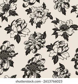 Seamless pattern with graphic peonies in tattoo style. Vector