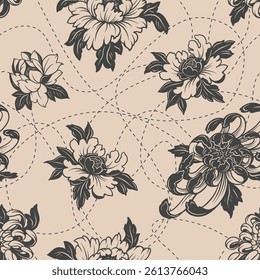 Seamless pattern with graphic peonies in tattoo style. Vector