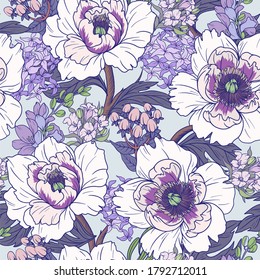 Seamless pattern with graphic peonies. Trendy vector print.