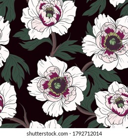 Seamless pattern with graphic peonies. Trendy vector print.